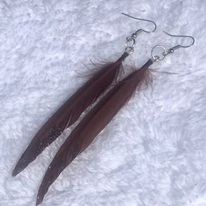 Brown Sparkle Tip Feather Earrings-New